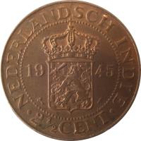 reverse of 2 1/2 Cents - Wilhelmina (1914 - 1945) coin with KM# 316 from Netherlands East Indies. Inscription: NEDERLANDSCH INDIE 2 · CENT