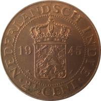 Netherlands East Indies coin 2 1/2 Cents - Wilhelmina (1914 - 1945) reverse reverse of 2 1/2 Cents - Wilhelmina (1914 - 1945) coin with KM# 316 from Netherlands East Indies. Inscription: NEDERLANDSCH INDIE 2 · CENT