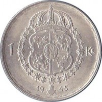 Sweden coin 1 Krona - Gustaf V (1942 - 1950) reverse reverse of 1 Krona - Gustaf V (1942 - 1950) coin with KM# 814 from Sweden. Inscription: 1 KR 19 45