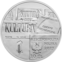 Poland coin 10 Złotych - 70th Anniversary of ”Kultura Paryska” Magazine (2017) obverse obverse of 10 Złotych - 70th Anniversary of ”Kultura Paryska” Magazine (2017) coin with Y# 984 from Poland. Inscription: KULTURA KULTURA ZESZYTY PARYŻ Nr 12/146 HISTORYCZNE IPL RZECZPOSPOLITA POLSKA 2017 mw 10 ZŁ