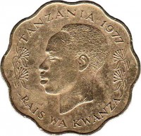 obverse of 10 Senti (1977 - 1984) coin with KM# 11 from Tanzania. Inscription: TANZANIA 1981 RAIS WA KWANZA