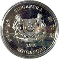 obverse of 2 Dollars - 41st Anniversary of Independence (2006) coin with KM# 258 from Singapore. Inscription: SINGAPURA சிங்கப்பூர் 新加坡 2006 SINGAPORE