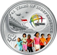 Singapore coin 2 Dollars - 41st Anniversary of Independence (2006) reverse reverse of 2 Dollars - 41st Anniversary of Independence (2006) coin with KM# 258 from Singapore. Inscription: 41 YEARS OF INDEPENDENCE OUR GLOBAL CITY OUR HOME 2006 $2