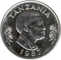 obverse of 1 Shilingi (1987 - 1992) coin with KM# 22 from Tanzania. Inscription: TANZANIA 1992