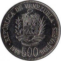 Venezuela coin 500 Bolívares (1998 - 1999) reverse reverse of 500 Bolívares (1998 - 1999) coin with Y# 79 from Venezuela. Inscription: REPÚBLICA DE VENEZUELA 19 DE ABRIL DE 1810 20 DE FEBRERO DE 1859 INDEPENDENCIA FEDERACIÓN REPÚBLICA DE VENEZUELA 1998 500 BOLÍVARES