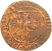 obverse of 1 Duit (1594) coin from Dutch Republic. Inscription: NON. VIDI. IVSTVM. DERELICTV