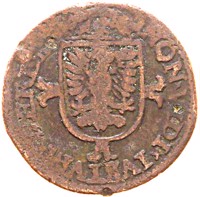 obverse of 1 Duit (1602) coin from Dutch Republic. Inscription: NON. VIDI × IVSTVM × DEREL ×