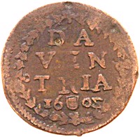reverse of 1 Duit (1602) coin from Dutch Republic. Inscription: DA VEN TRIA