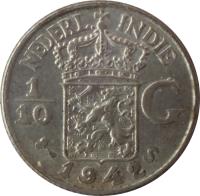 Netherlands East Indies coin 1/10 Gulden - Wilhelmina (1937 - 1945) reverse reverse of 1/10 Gulden - Wilhelmina (1937 - 1945) coin with KM# 318 from Netherlands East Indies. Inscription: NEDERL. INDIE 1/10 G 1942 S