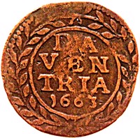Dutch Republic coin 1 Duit (1663) reverse reverse of 1 Duit (1663) coin from Dutch Republic. Inscription: DA VEN TRIA 1663
