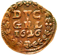 Dutch Republic coin 1 Duit (1626 - 1636) reverse reverse of 1 Duit (1626 - 1636) coin from Dutch Republic. Inscription: DVC GEL 1635