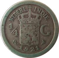reverse of 1/4 Gulden - Wilhelmina - Smaller (1910 - 1930) coin with KM# 312 from Netherlands East Indies. Inscription: NEDERL.INDIE. 1/4 G 1920