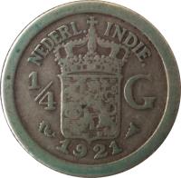 Netherlands East Indies coin 1/4 Gulden - Wilhelmina - Smaller (1910 - 1930) reverse reverse of 1/4 Gulden - Wilhelmina - Smaller (1910 - 1930) coin with KM# 312 from Netherlands East Indies. Inscription: NEDERL.INDIE. 1/4 G 1920