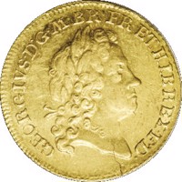 obverse of 1 Guinea - George I - 2'nd Portrait (1715) coin with KM# 542 from United Kingdom. Inscription: GEORGIVS·D:G·M·BR·FR·ET·HIB·REX·F·D·
