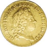 United Kingdom coin 1 Guinea - George I - 2'nd Portrait (1715) obverse obverse of 1 Guinea - George I - 2'nd Portrait (1715) coin with KM# 542 from United Kingdom. Inscription: GEORGIVS·D:G·M·BR·FR·ET·HIB·REX·F·D·