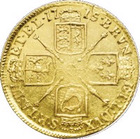 United Kingdom coin 1 Guinea - George I - 2'nd Portrait (1715) reverse reverse of 1 Guinea - George I - 2'nd Portrait (1715) coin with KM# 542 from United Kingdom. Inscription: BRVN ET·L·DVX S·R·I·A·TH ET·EL ·17 15·