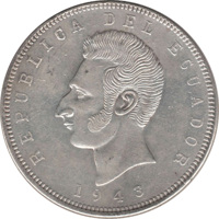 obverse of 5 Sucres (1943 - 1944) coin with KM# 79 from Ecuador. Inscription: REPUBLICA DEL ECUADOR