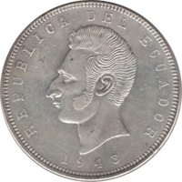 Ecuador coin 5 Sucres (1943 - 1944) obverse obverse of 5 Sucres (1943 - 1944) coin with KM# 79 from Ecuador. Inscription: REPUBLICA DEL ECUADOR