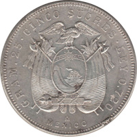 Ecuador coin 5 Sucres (1943 - 1944) reverse reverse of 5 Sucres (1943 - 1944) coin with KM# 79 from Ecuador. Inscription: GRAM . 25 · CINCO SUCRES · LEY 0.720 MO MEXICO