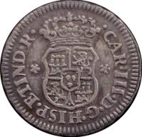 obverse of 1/2 Real - Carlos III (1760 - 1771) coin with KM# 68 from Mexico. Inscription: CAR * III * D * G * HISP * ET * IND * R