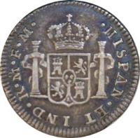 reverse of 1/2 Real - Carlos IV (1789 - 1790) coin with KM# 70 from Mexico. Inscription: HISPAN * ET * IND * R * M * FM