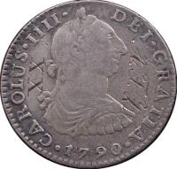 Mexico coin 1 Real - Carlos IV (1790) obverse obverse of 1 Real - Carlos IV (1790) coin with KM# 80 from Mexico. Inscription: CAROLUS * IIII * 1790 * DEI * GRATIA