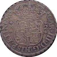 Mexico coin 2 Reales - Carlos III (1760 - 1771) obverse obverse of 2 Reales - Carlos III (1760 - 1771) coin with KM# 87 from Mexico. Inscription: CAR * III * D * G * HISP * ETIND * R *R* *2*