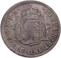 reverse of 2 Reales - Carlos IV (1790) coin with KM# 90 from Mexico. Inscription: *HISPAN* ET IND * REX * Mo * 2R * F * M