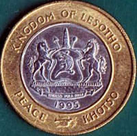 obverse of 5 Maloti - Moshoeshoe II - 50th Anniversary of the United Nations (1995) coin with KM# 67 from Lesotho. Inscription: KINGDOM OF LESOTHO KHOTSO PULA NALA 1995 PEACE KHOTSO