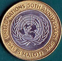 Lesotho coin 5 Maloti - Moshoeshoe II - 50th Anniversary of the United Nations (1995) reverse reverse of 5 Maloti - Moshoeshoe II - 50th Anniversary of the United Nations (1995) coin with KM# 67 from Lesotho. Inscription: UNITED NATIONS 50TH ANNIVERSARY 1945 5 MALOTI 1995