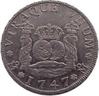 reverse of 4 Reales - Fernando VI (1747 - 1748) coin with KM# 95 from Mexico. Inscription: VTRE QUE VNVM Mo 1747