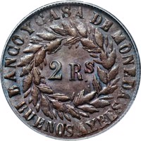 obverse of 2 Reales (1860 - 1861) coin with KM# 11 from Argentine provinces. Inscription: BANCO Y CASA DE MONEDA 2 R.S BUENOS AYRES