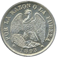 obverse of 20 Centavos (1879 - 1893) coin with KM# 138 from Chile. Inscription: POR LA RAZON O LA FUERZA 1893