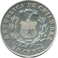 Chile coin 20 Centavos (1879 - 1893) reverse reverse of 20 Centavos (1879 - 1893) coin with KM# 138 from Chile. Inscription: REPUBLICA DE CHILE 0.5. So 20 CENTs