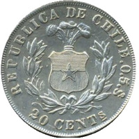 reverse of 20 Centavos (1879 - 1893) coin with KM# 138 from Chile. Inscription: REPUBLICA DE CHILE 0.5. So 20 CENTs