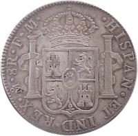 Mexico coin 8 Reales - Carlos IV (1790) reverse reverse of 8 Reales - Carlos IV (1790) coin with KM# 108 from Mexico. Inscription: HISPAN * ET IND * REX * Mo * 8R * F * M