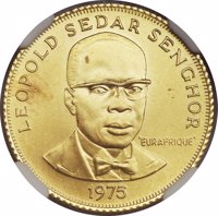 Senegal coin 250 Francs - 25th Anniversary of Eurafrique Program (1975) reverse reverse of 250 Francs - 25th Anniversary of Eurafrique Program (1975) coin with KM# 7 from Senegal. Inscription: LEOPOLD SEDAR SENGHOR 'EURAFRIQUE' 1975
