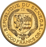 Senegal coin 1000 Francs - 25th Anniversary of Eurafrique Program (1975) obverse obverse of 1000 Francs - 25th Anniversary of Eurafrique Program (1975) coin with KM# 9 from Senegal. Inscription: REPUBLIQUE DU SENEGAL UN PEUPLE UN BUT UNE FOI ·1000 FRANCS OR·