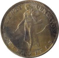 Philippines coin 20 Centavos - U.S. Administration (1937 - 1945) reverse reverse of 20 Centavos - U.S. Administration (1937 - 1945) coin with KM# 182 from Philippines. Inscription: TWENTY CENTAVOS FILIPINAS
