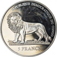 KM# 164 REPUBLIQUE DEMOCRATIQUE DU CONGO5 FRANCS.