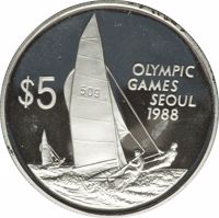 Cayman Islands coin 5 Dollars - Elizabeth II - 1988 Summer Olympics, Seoul (1988) reverse reverse of 5 Dollars - Elizabeth II - 1988 Summer Olympics, Seoul (1988) coin with KM# 94 from Cayman Islands. Inscription: OLYMPIC GAMES SEOUL 1988 $5