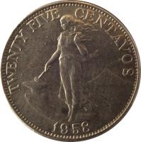 Philippines coin 25 Centavos (1958 - 1966) reverse reverse of 25 Centavos (1958 - 1966) coin with KM# 189 from Philippines. Inscription: TWENTY FIVE CENTAVOS 1962