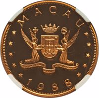 Macau coin 1000 Patacas - Year of the Dragon (1988) obverse obverse of 1000 Patacas - Year of the Dragon (1988) coin with KM# 39 from Macau. Inscription: MACAU 1988