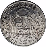 obverse of 8 Reales (1839) coin with KM# 164 from Peru.