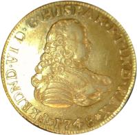 Mexico coin 4 Escudos - Fernando VI (1748 - 1751) obverse obverse of 4 Escudos - Fernando VI (1748 - 1751) coin with KM# 137 from Mexico. Inscription: FERDND VI D G ...