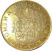 Mexico coin 4 Escudos - Fernando VI (1748 - 1751) reverse reverse of 4 Escudos - Fernando VI (1748 - 1751) coin with KM# 137 from Mexico. Inscription: NOMINA MAGNA SEQUOR