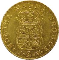 Mexico coin 4 Escudos - Fernando VI (1759) reverse reverse of 4 Escudos - Fernando VI (1759) coin with KM# 139 from Mexico. Inscription: NOMINA MAGNA...