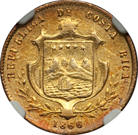 obverse of 2 Pesos (1866 - 1868) coin with KM# 113 from Costa Rica. Inscription: REPUBLICA DE COSTA RICA 1866