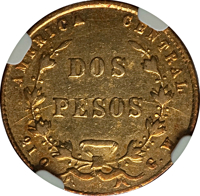 reverse of 2 Pesos (1866 - 1868) coin with KM# 113 from Costa Rica. Inscription: AMERICA CENTRAL DOS PESOS 21Q G.W.