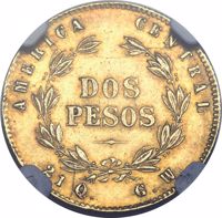 reverse of 2 Pesos (1876) coin with KM# 122 from Costa Rica. Inscription: AMERICA CENTRAL DOS PESOS 21Q. G.W.